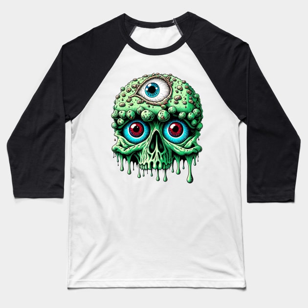 Zombie Gore Brain Skull 3 Baseball T-Shirt by unknown_pleasures